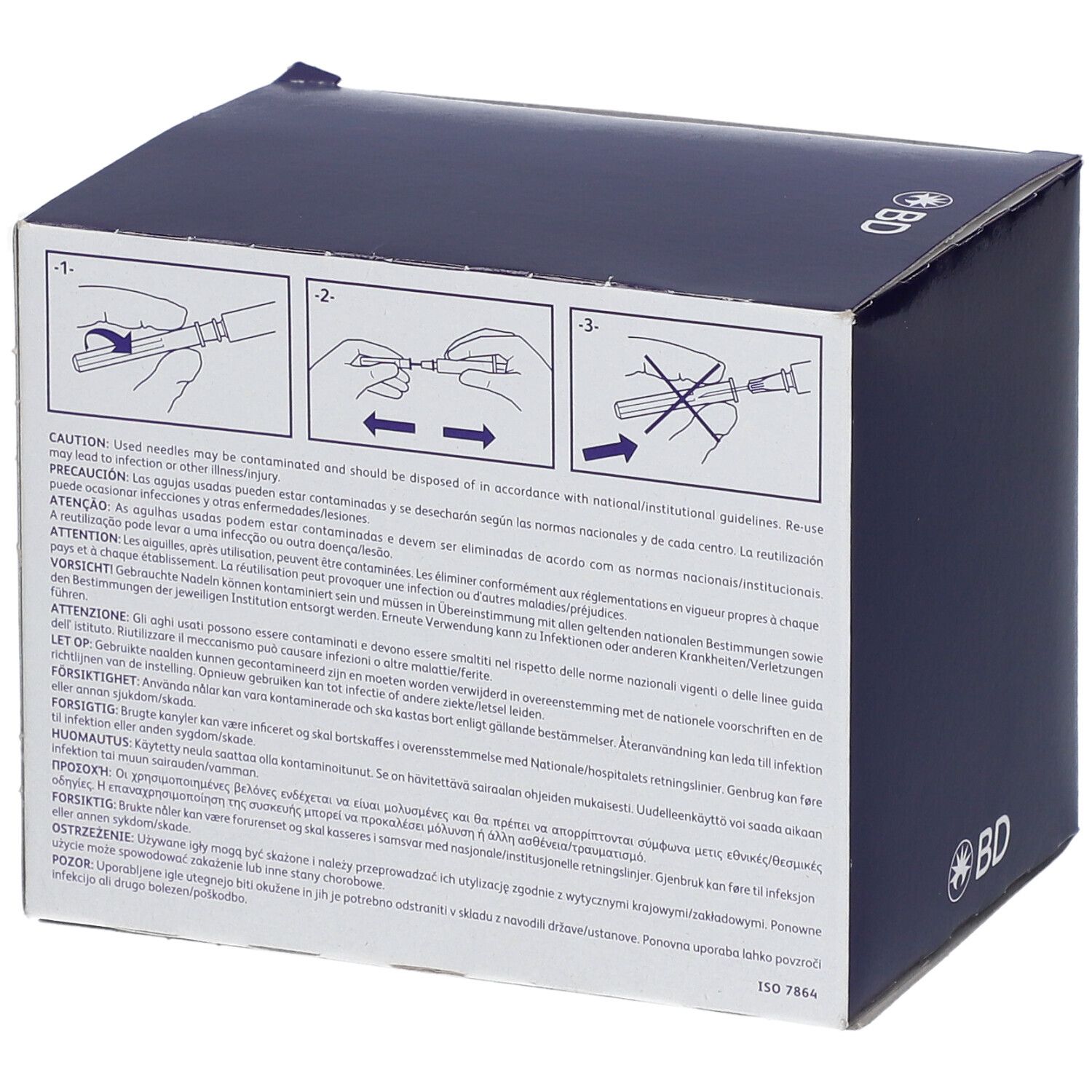 Dos de l'emballage avec instructions et avertissements. Marquage ISO 7864.