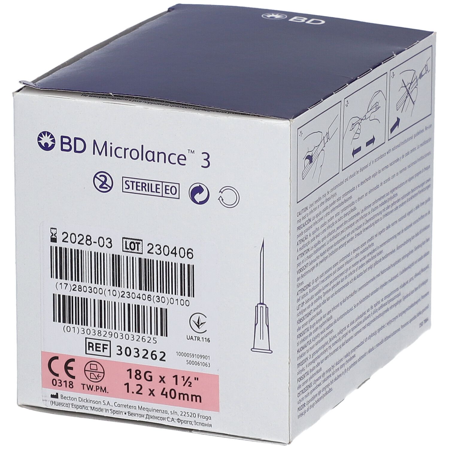 Boîte de BD Microlance™ 3 aiguilles. Inscriptions : 18G x 1 1/2", 1,2 x 40 mm. Stérile. Numéro de lot.