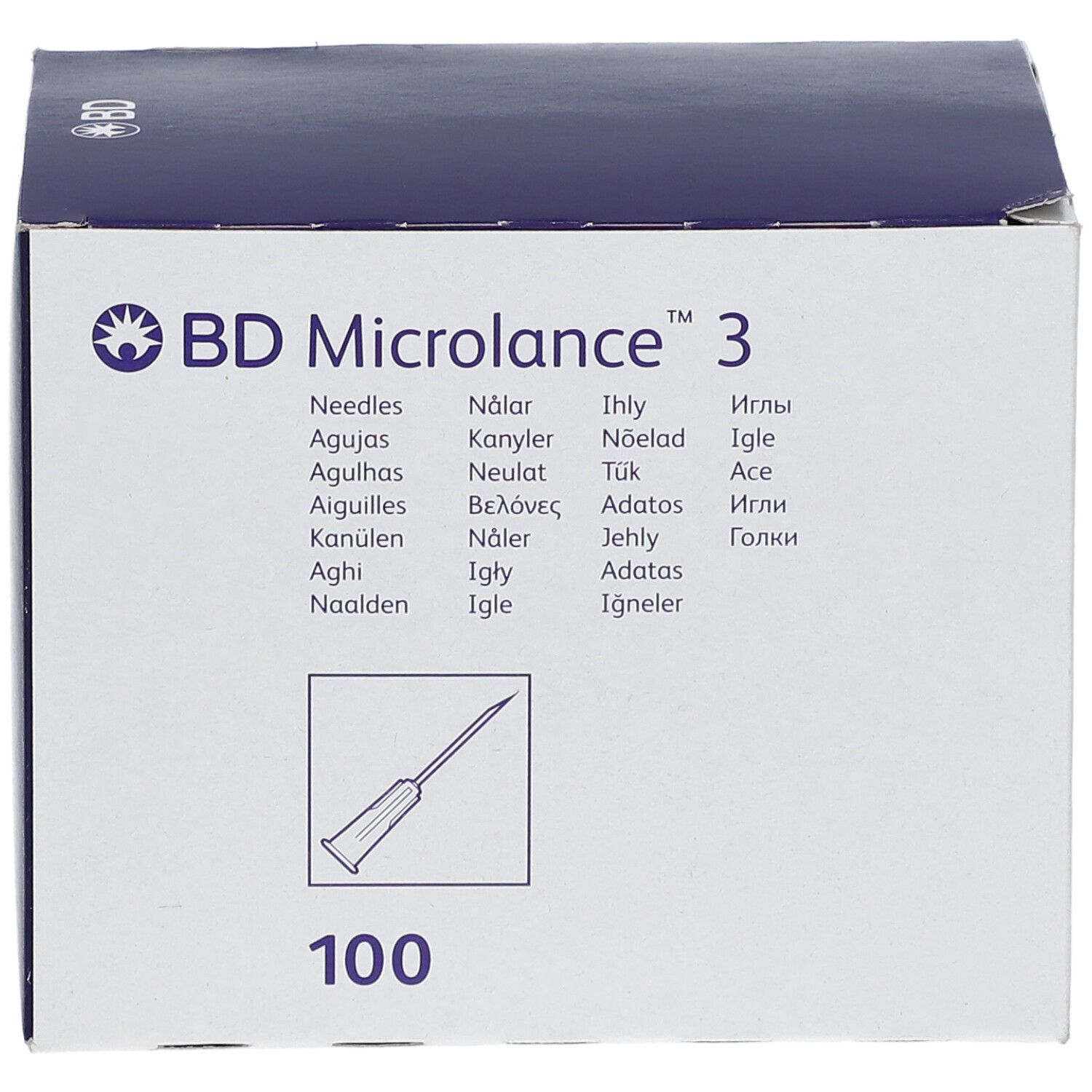 Boîte de BD Microlance™ 3 aiguilles. Inscription : 100. Illustration d'une aiguille.