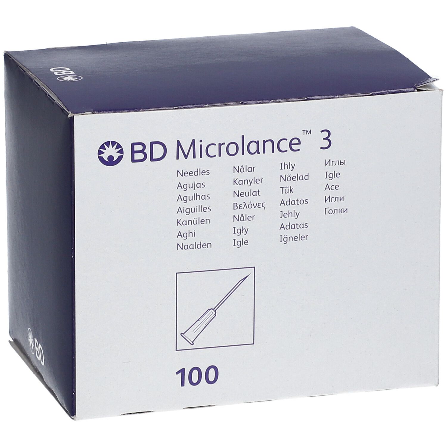 Boîte de BD Microlance™ 3 aiguilles. Inscription : 100. Logo de BD.
