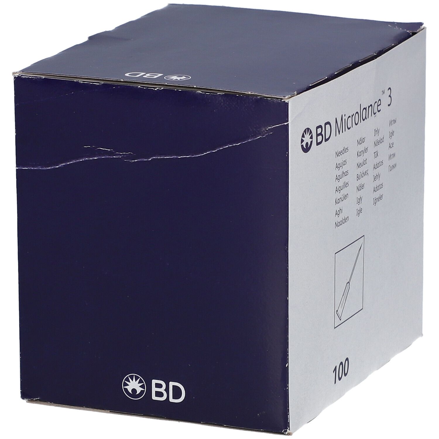 Boîte bleu foncé avec logo BD Microlance™ 3 et illustration d'aiguille. Contient 100 aiguilles.