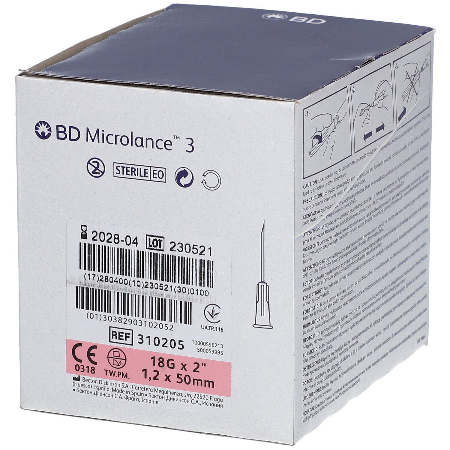 Boîte BD Microlance™ 3. Indications de taille : 18G 2", 1,2 x 50mm. Marquage CE. Stérile.