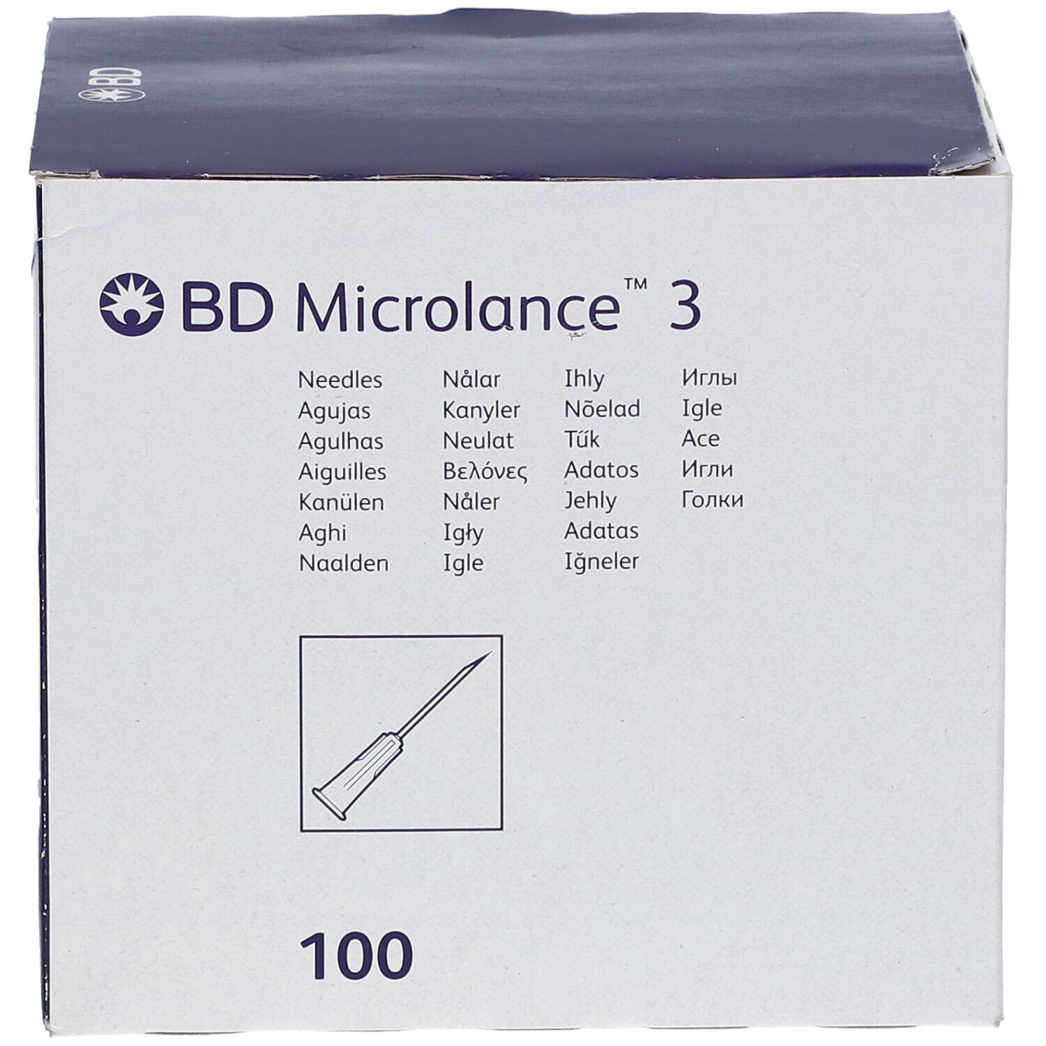 Boîte BD Microlance™ 3. Contient 100 aiguilles. Illustration d'une aiguille. Inscriptions multilingues.