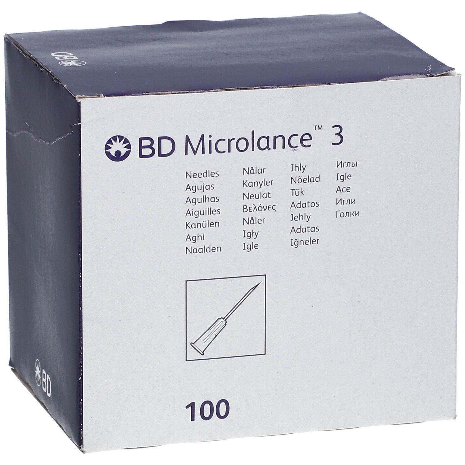 Boîte BD Microlance™ 3. Contient 100 aiguilles. Illustration d'une aiguille. Inscriptions multilingues.
