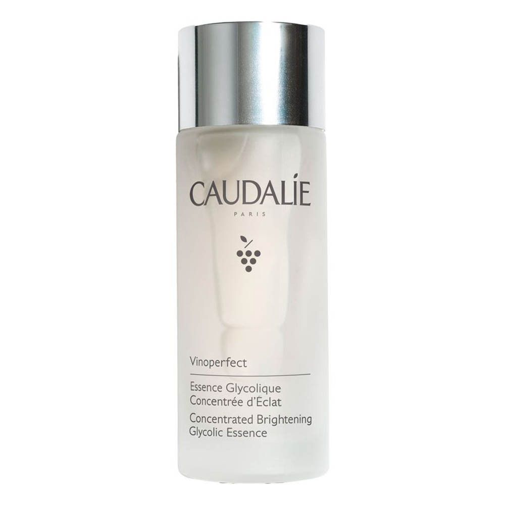 Flacon cylindrique, bouchon argenté. Inscriptions: Caudalie, Vinoperfect, Essence Glycolique.