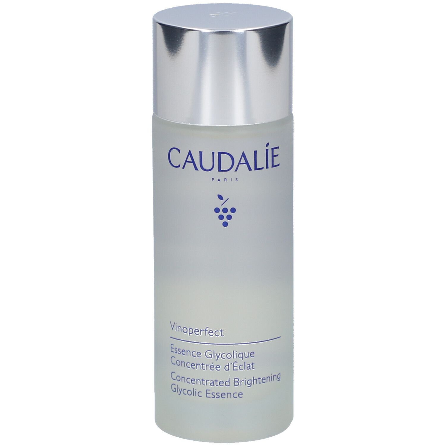 Flacon cylindrique, bouchon argenté. Inscriptions: Caudalie, Vinoperfect, Essence Glycolique.