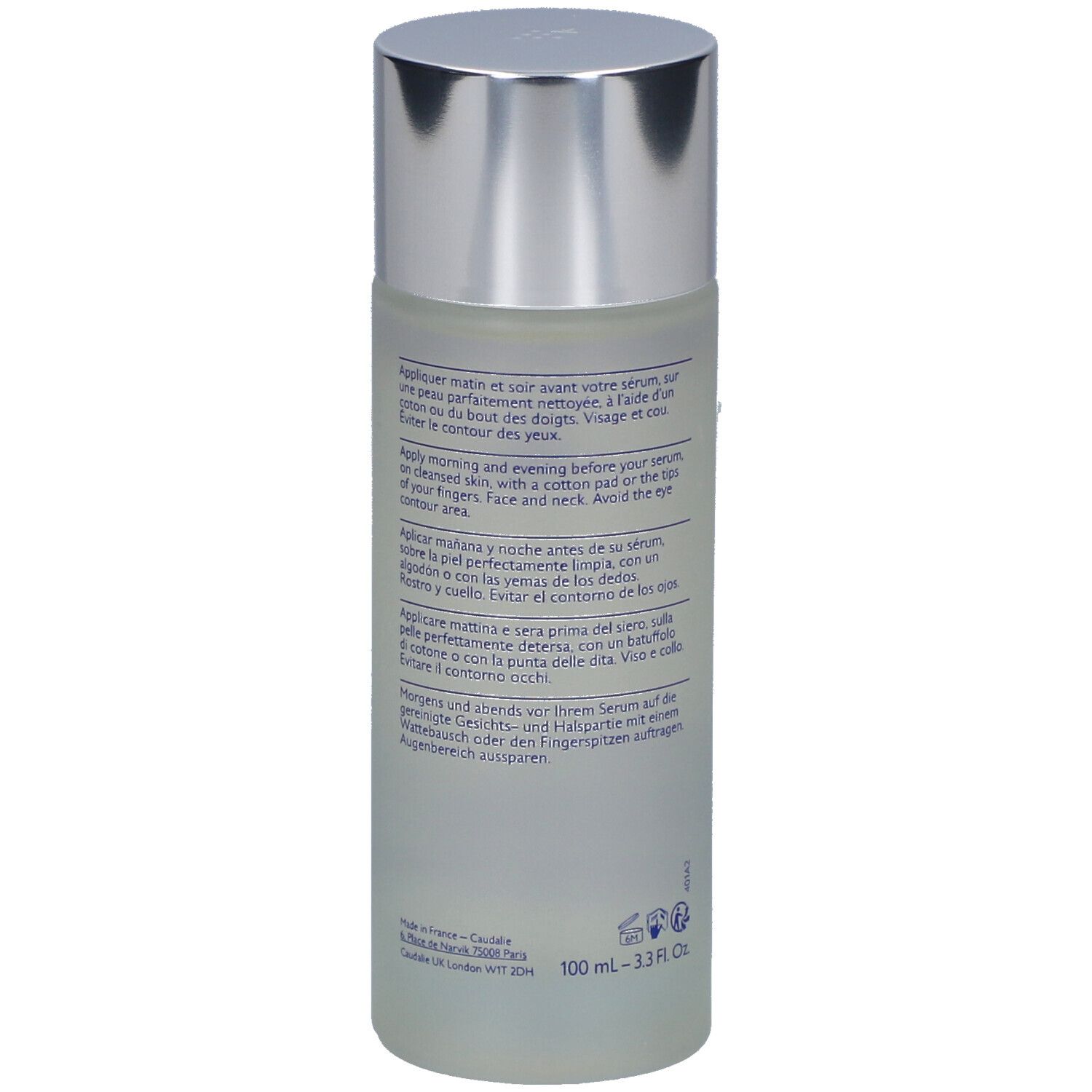 Dos du flacon. Texte multilingue. Inscriptions: Vinoperfect, Essence Glycolique.