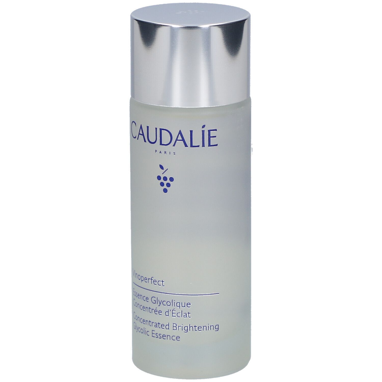 Flacon cylindrique, bouchon argenté. Inscriptions: Caudalie, Vinoperfect, Essence Glycolique.