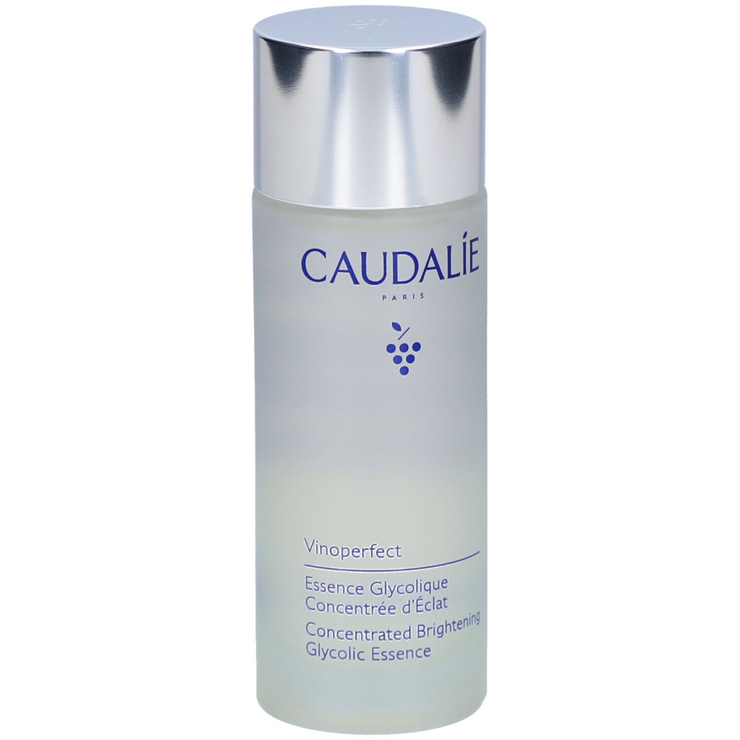 Flacon cylindrique, bouchon argenté. Inscriptions: Caudalie, Vinoperfect, Essence Glycolique.