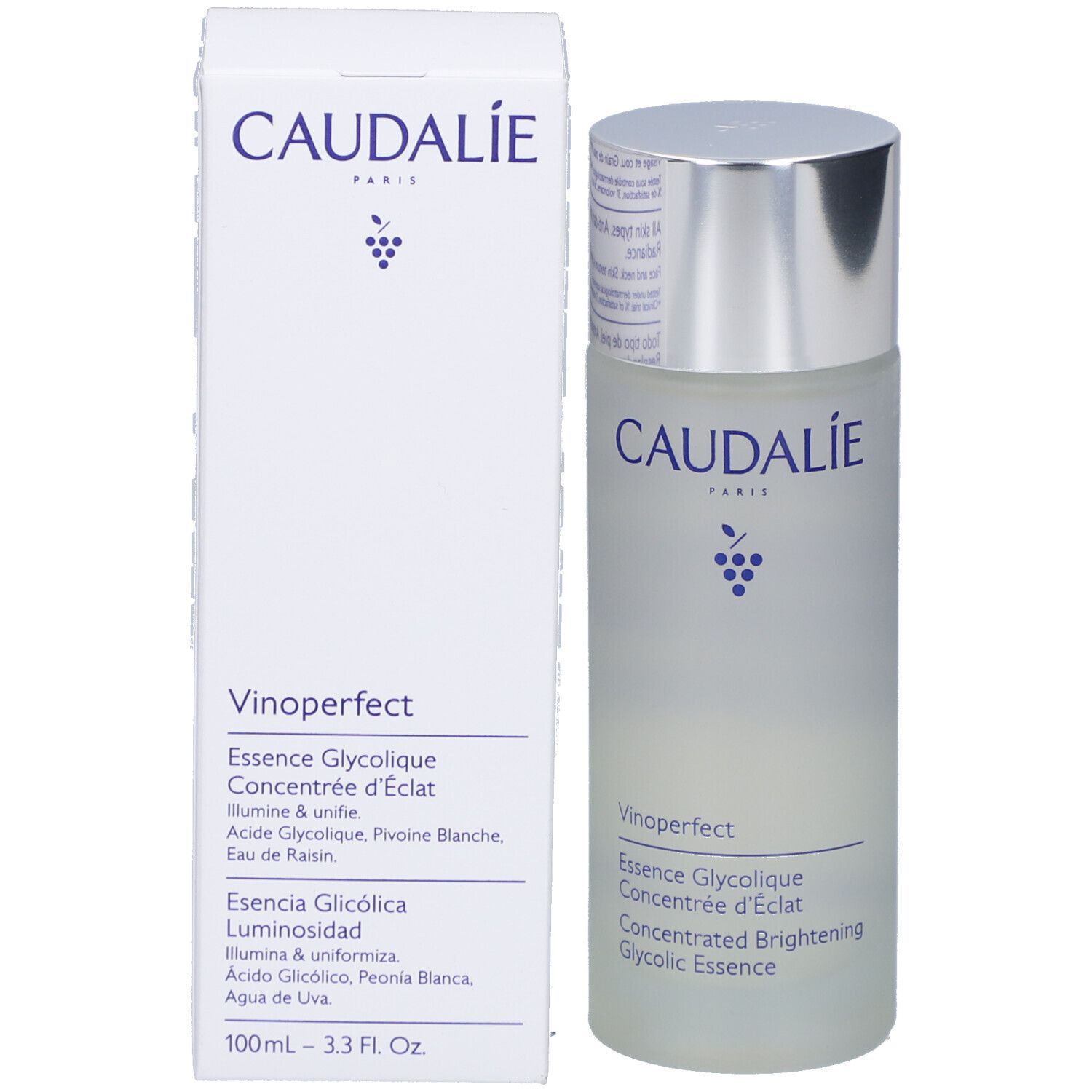 Produit avec emballage. Inscriptions: Caudalie, Vinoperfect, Essence Glycolique. 100ml.