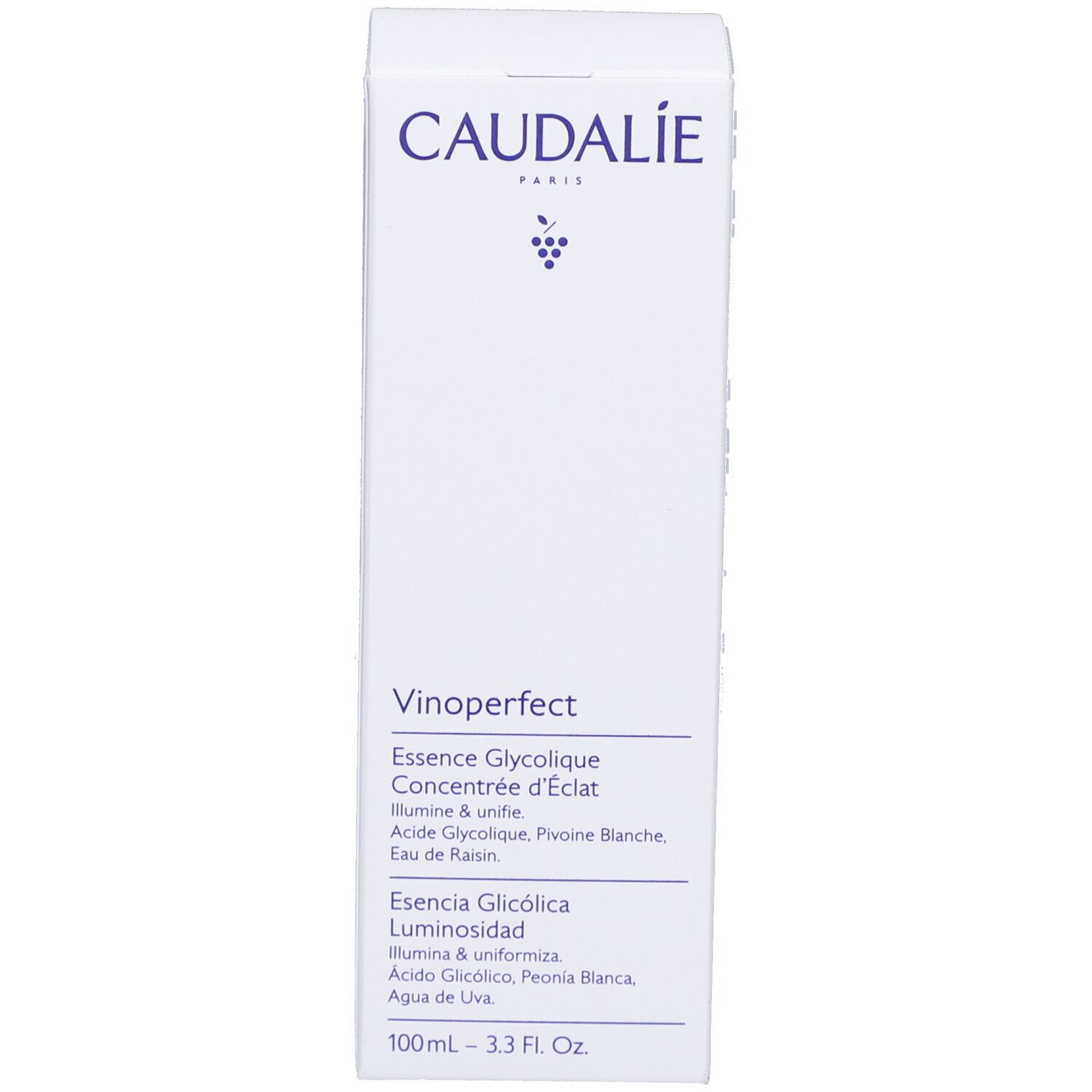 Produit avec emballage. Inscriptions: Caudalie, Vinoperfect, Essence Glycolique. 100ml.