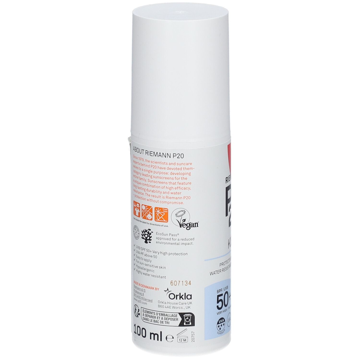Weiße Flasche P20 Kids. Rückseite mit Text und Logos. Vegan-Siegel. SPF 50+.