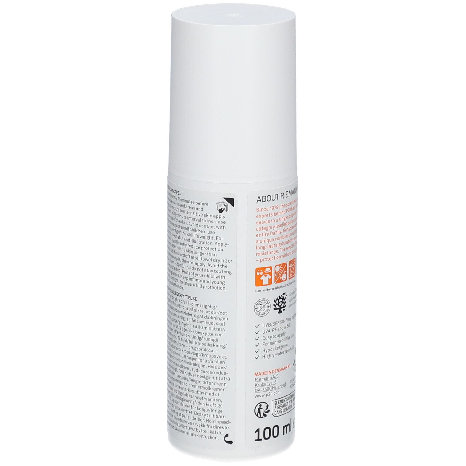 Weiße Flasche P20 Kids. Rückseite mit Text. SPF 50+. Hinweise zur Anwendung.