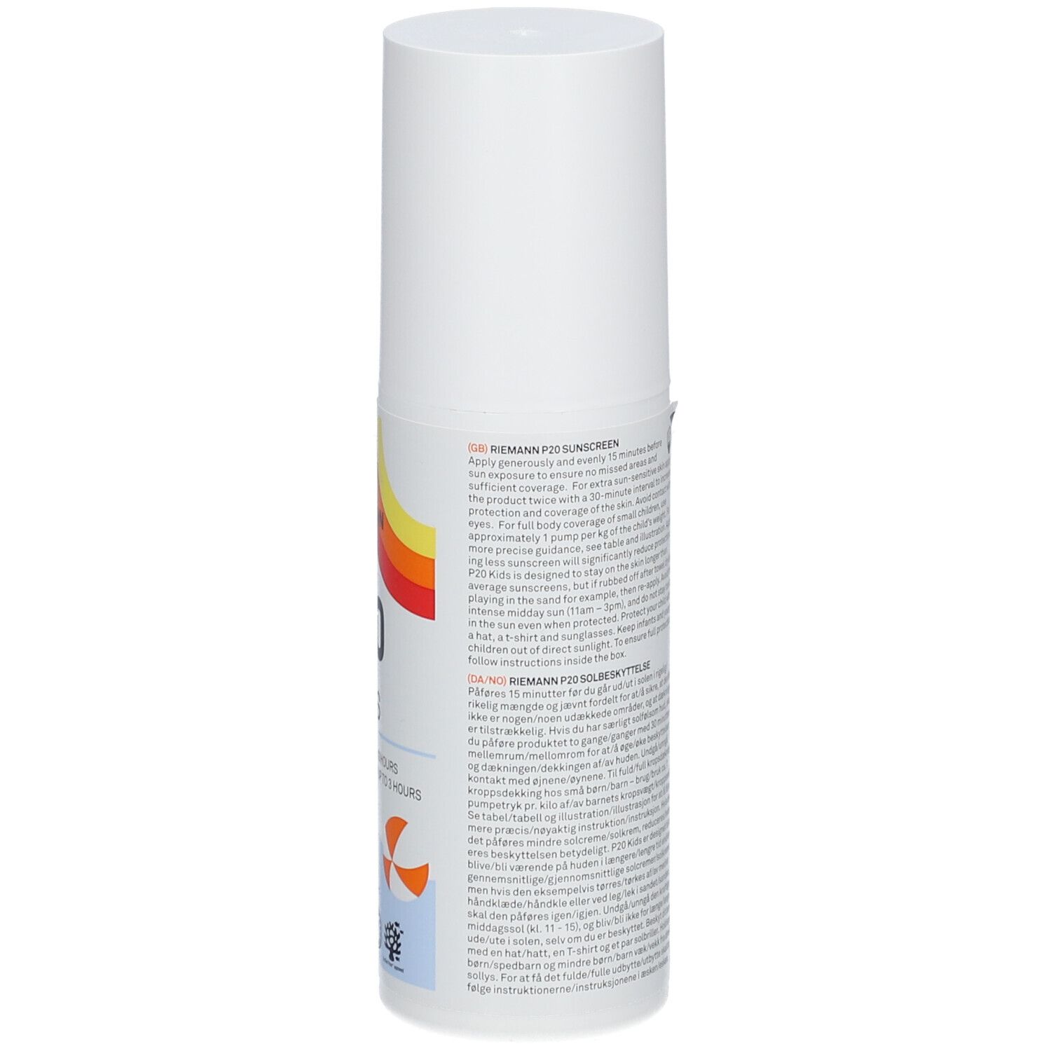 Weiße Flasche P20 Kids. Rückseite mit Text. SPF 50+. Hinweise zur Anwendung.