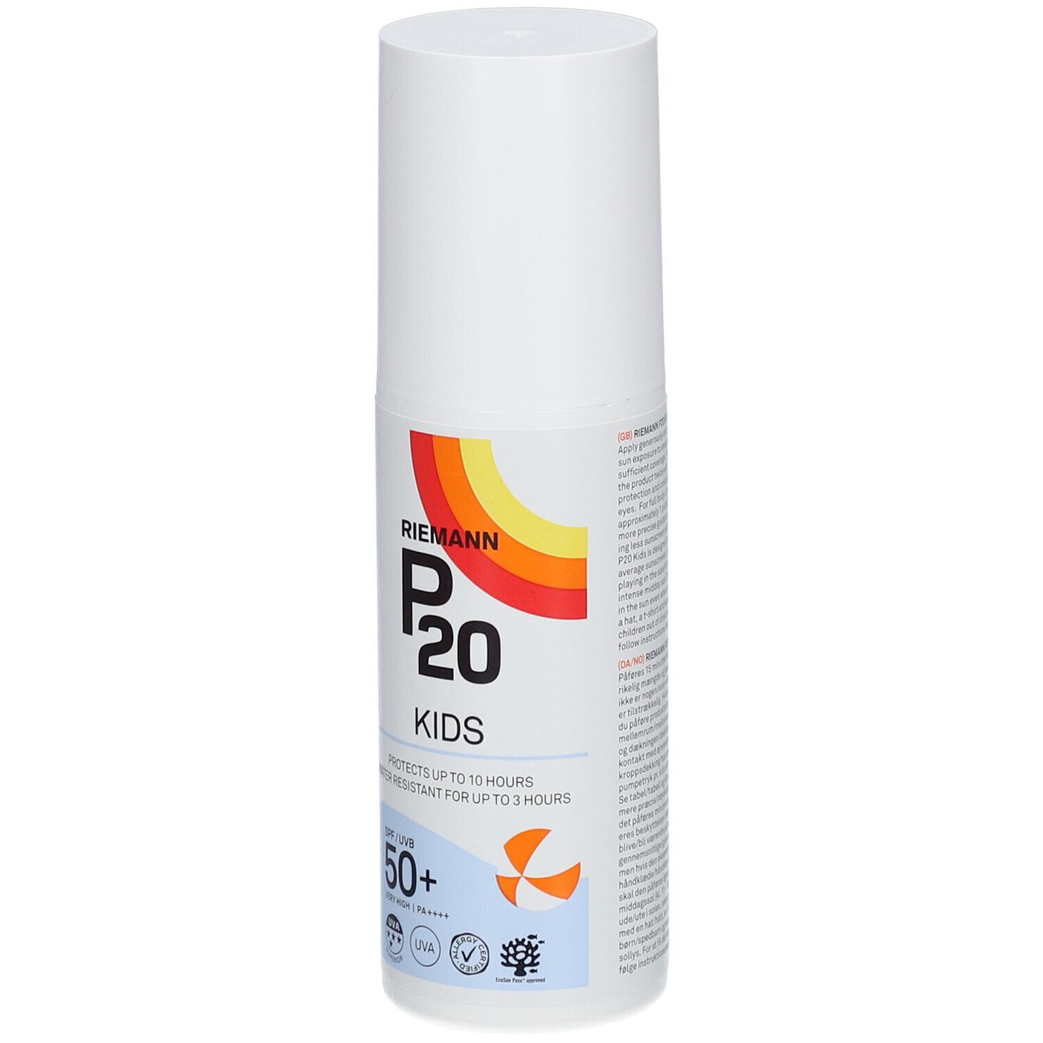 Weiße Flasche P20 Kids. SPF 50+. Wasserfest. Regenbogen-Logo. Strandmotiv.