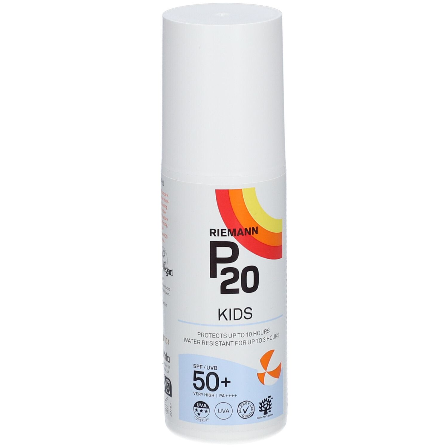 Weiße Flasche P20 Kids. SPF 50+. Wasserfest. Regenbogen-Logo. Strandmotiv.