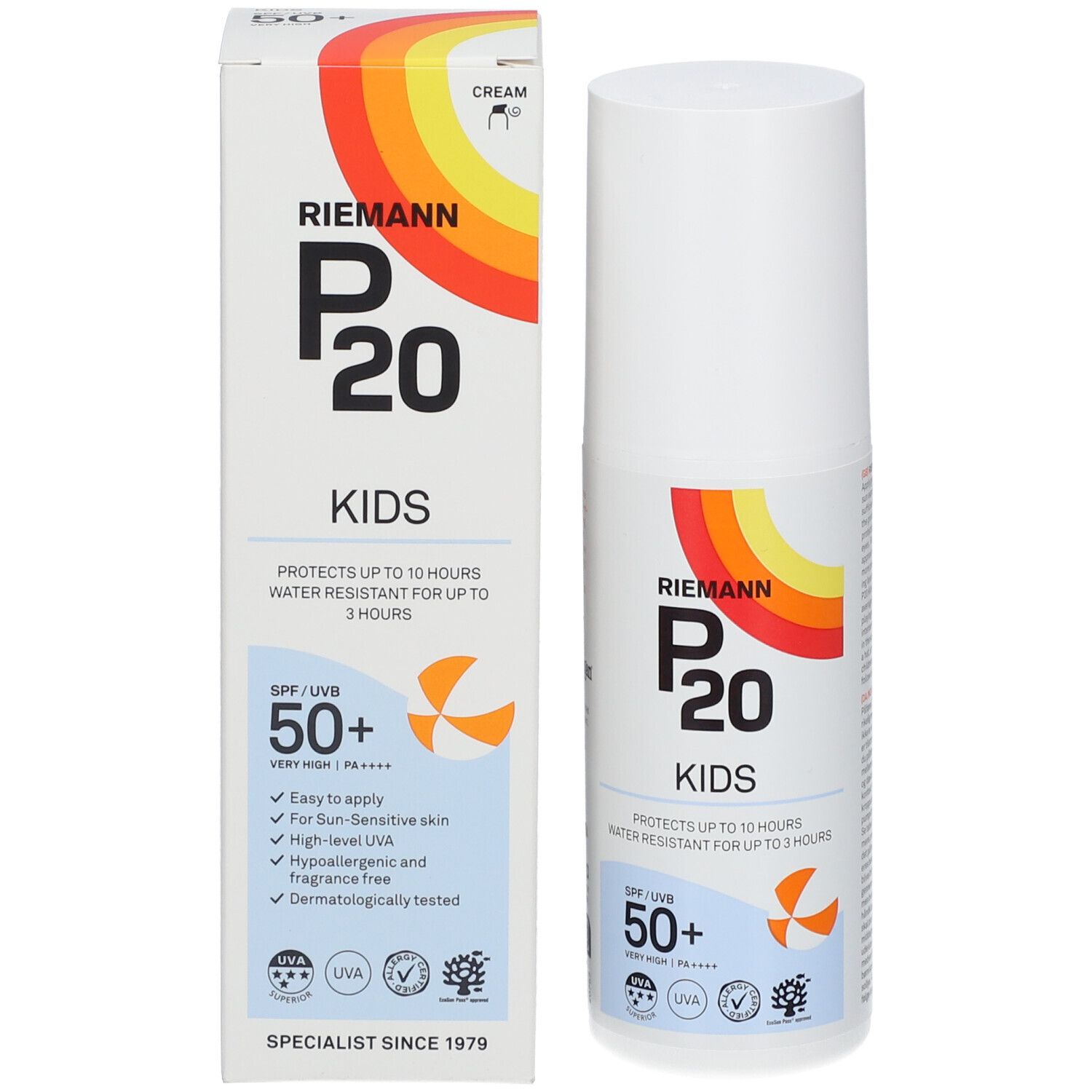 P20 Kids Sonnencreme und Verpackung. SPF 50+. Regenbogen-Logo. Strandmotiv. Text.