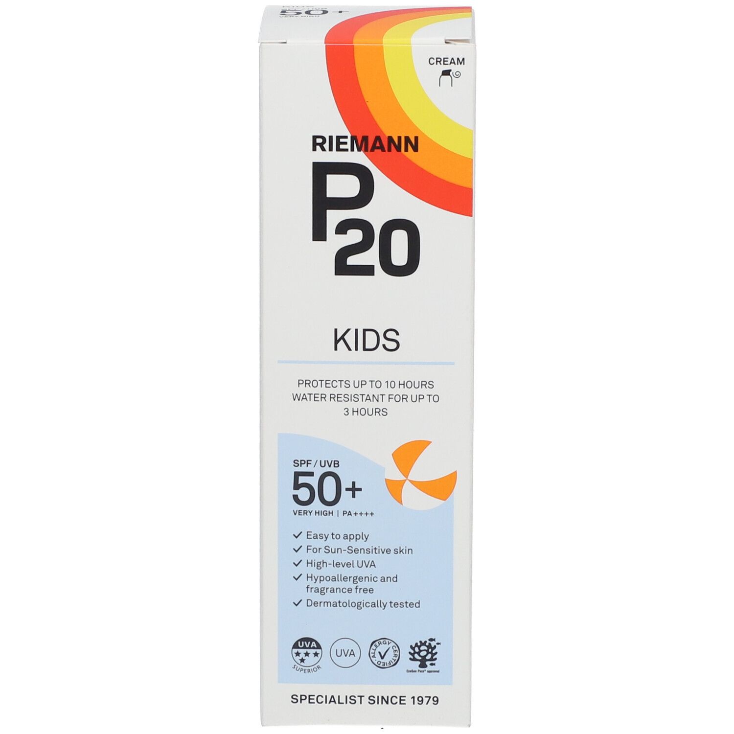 P20 Kids Sonnencreme Verpackung. SPF 50+. Regenbogen-Logo. Strandmotiv. Text.