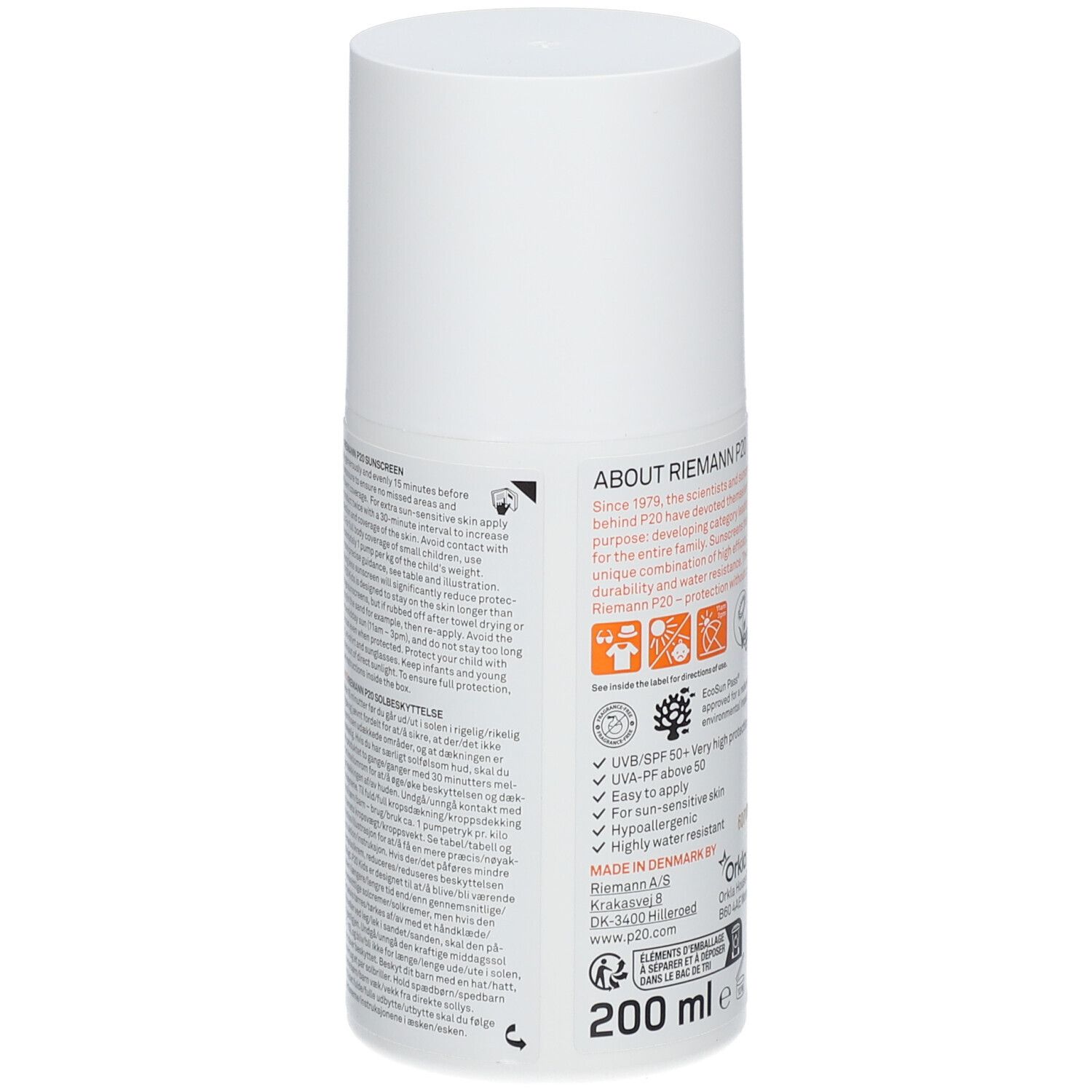 Weiße Sonnencreme-Flasche. Rückseite mit Text. Informationen zu RIEMANN P20. UVA-Schutz, wasserfest, 200 ml.