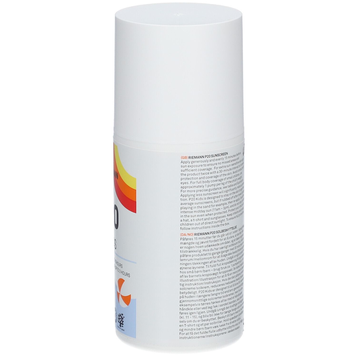 Weiße Sonnencreme-Flasche. Rückseite mit Text. Informationen zu RIEMANN P20. UVA-Schutz, wasserfest, 200 ml.