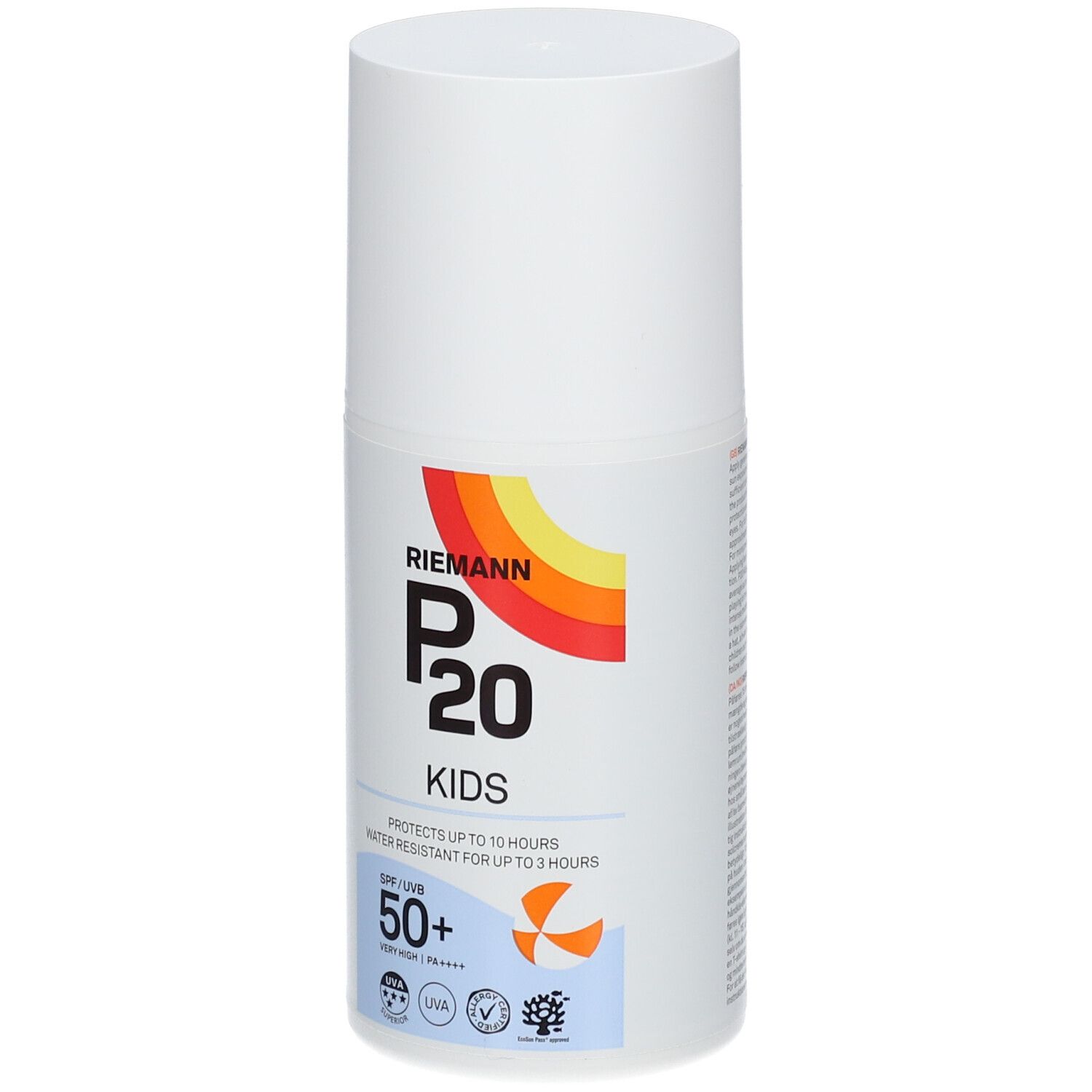 Weiße Sonnencreme-Flasche mit Aufdruck. Logo: RIEMANN P20 KIDS, SPF 50+. Wasserfest bis zu 3 Stunden.