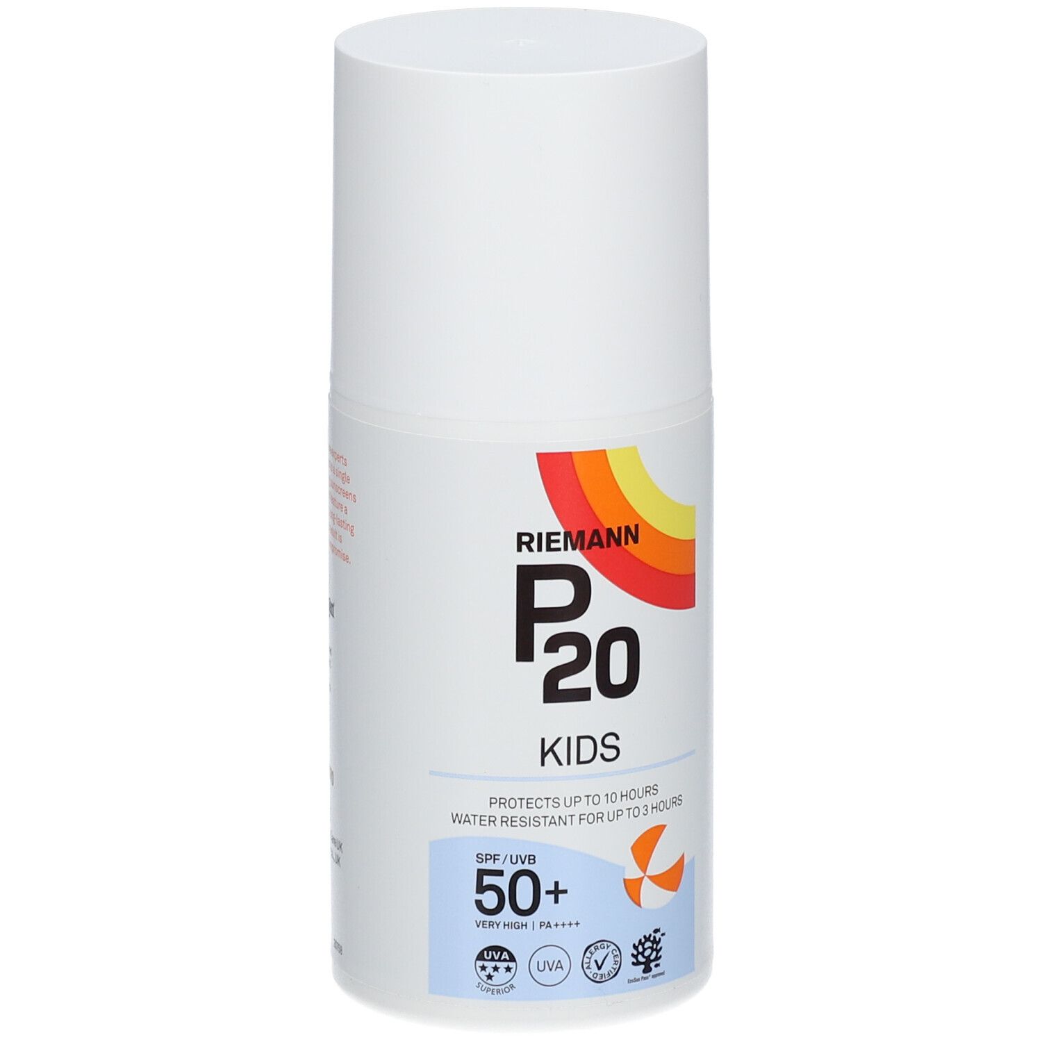 Weiße Sonnencreme-Flasche mit Aufdruck. Logo: RIEMANN P20 KIDS, SPF 50+. Wasserfest bis zu 3 Stunden.