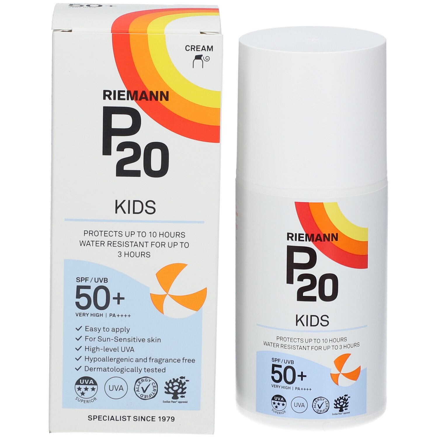 Sonnencreme-Packung und Flasche. Packung mit Logo: RIEMANN P20 KIDS, SPF 50+. Flasche mit gleichem Design.