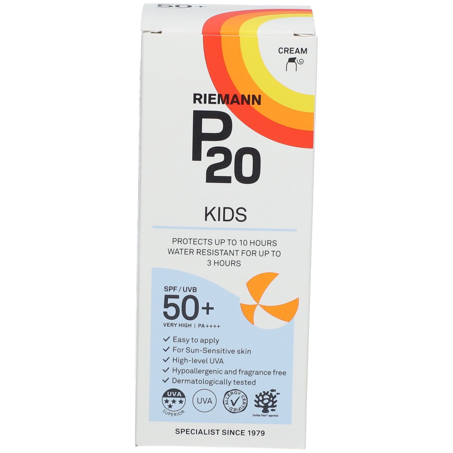 Sonnencreme-Packung. Logo: RIEMANN P20 KIDS, SPF 50+. Wasserfest bis zu 3 Stunden. Dermatologisch getest.