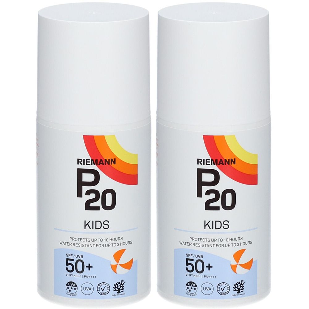 Zwei weiße Sonnencreme-Flaschen. Logo: RIEMANN P20 KIDS, SPF 50+. Wasserfest bis zu 3 Stunden.