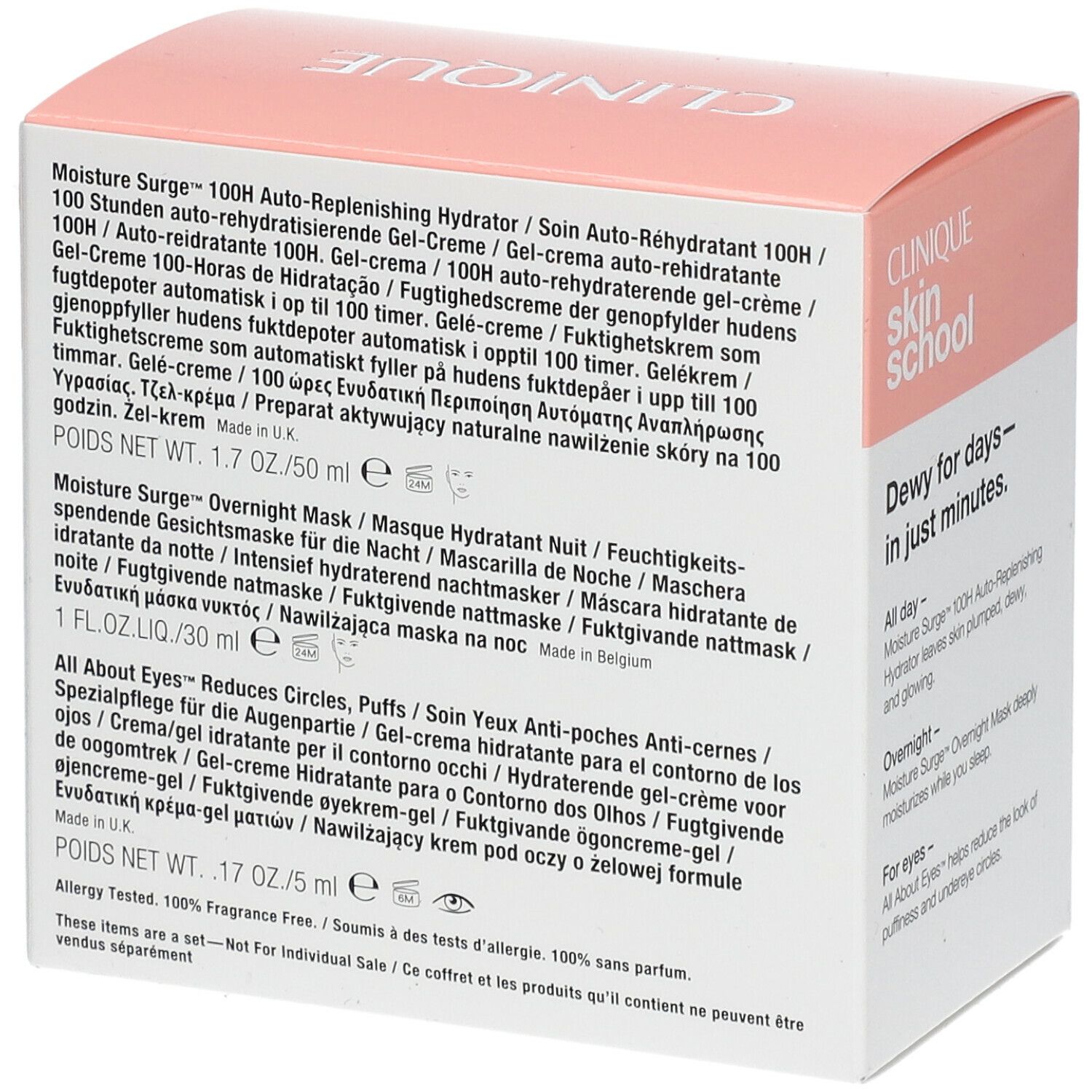 Verpakking van Clinique Hydratation & Éclat. Meertalige tekst. Informatie over producten en ingrediënten.