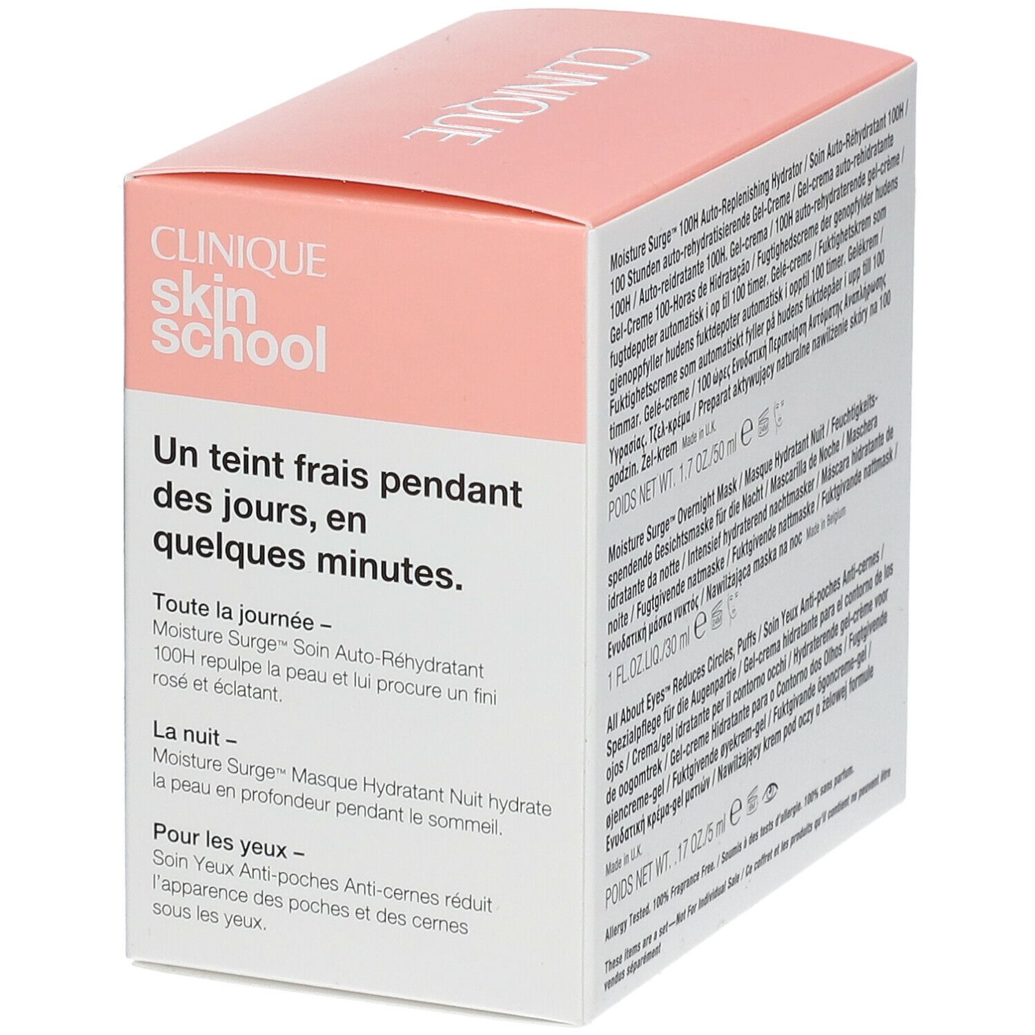 Verpakking van Clinique Hydratation & Éclat. Roze en wit. Meertalige tekst. Productinformatie.