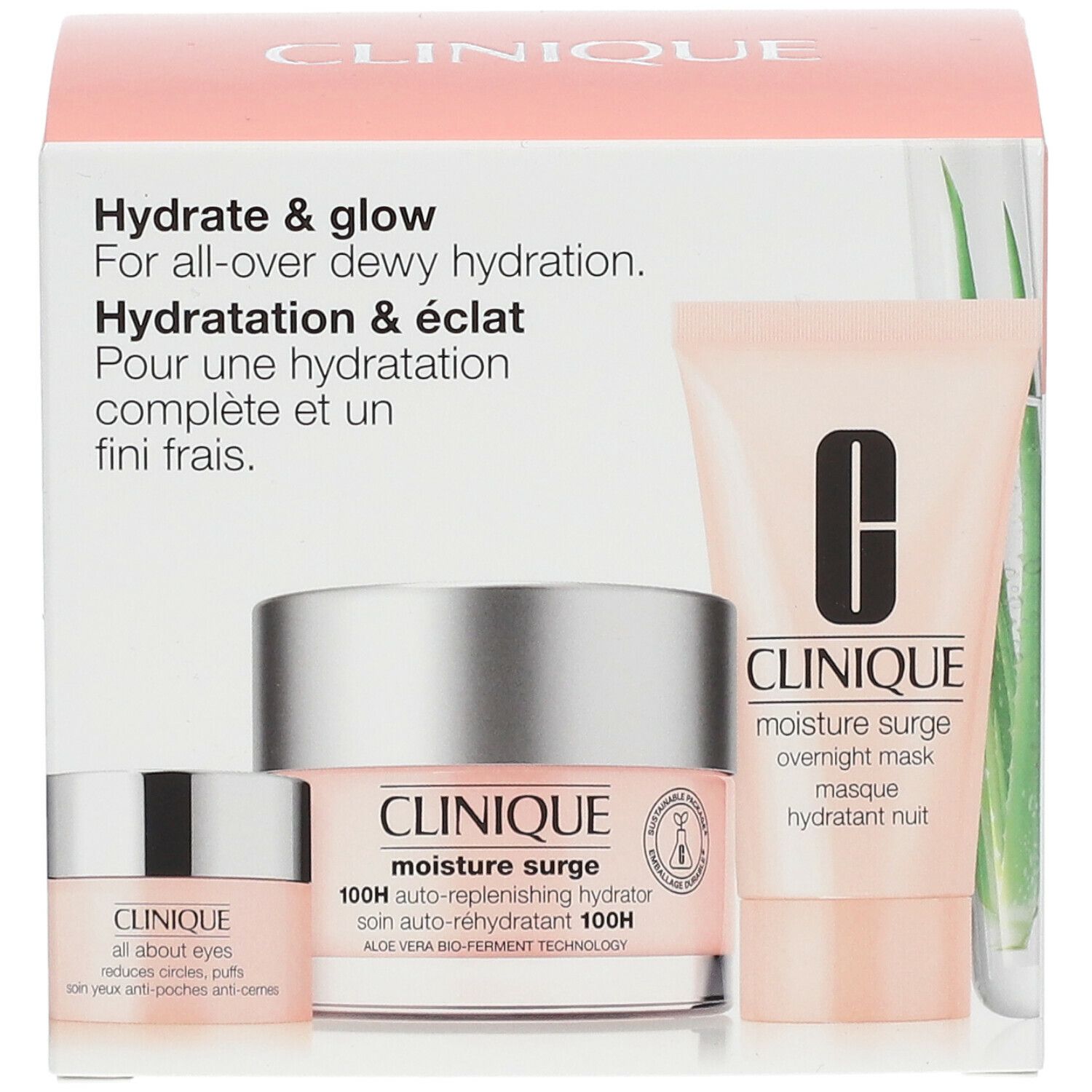 Clinique Hydratation & Éclat set. Drie producten in roze verpakking. Crème, oogcrème en masker zichtbaar.