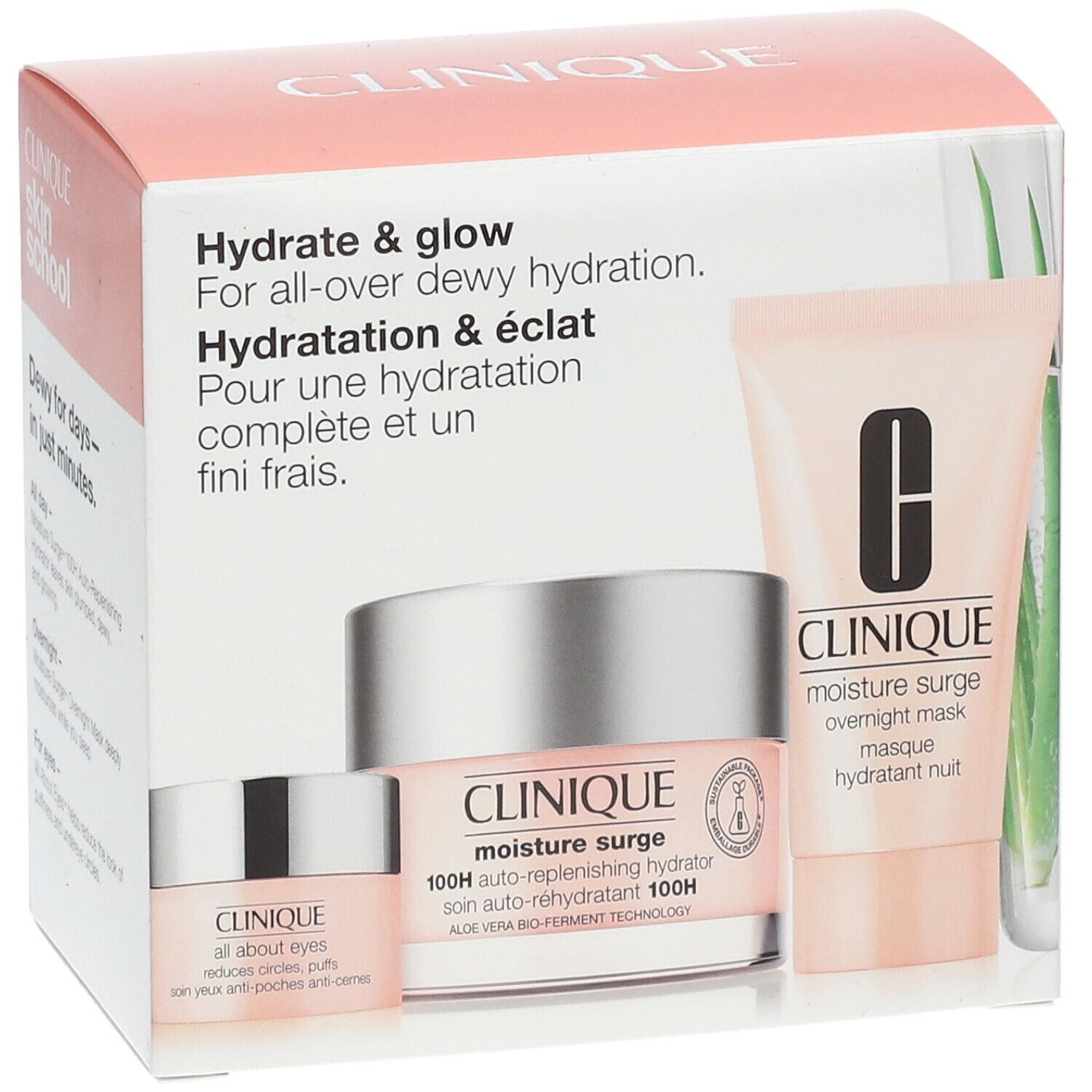 Clinique Hydratation & Éclat set. Drie producten in roze verpakking. Crème, oogcrème en masker zichtbaar.