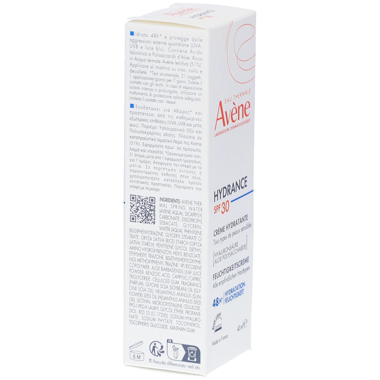 Weißer Karton, Rückseite mit Produktinformationen. Marke Avene, Hydrance SPF 30. Inhaltsstoffe, Anwendungshinweise.