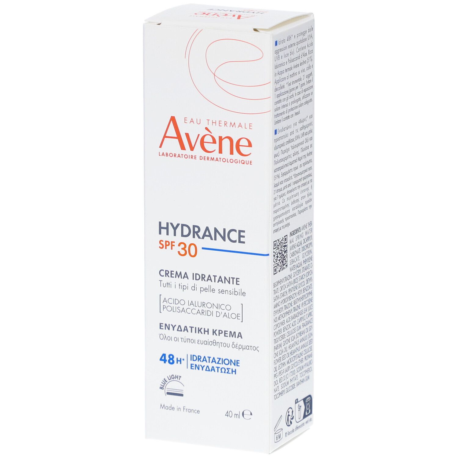 Weißer Karton mit Produktinformationen. Marke Avene, Hydrance SPF 30. Creme für empfindliche Haut. 48h Feuchtigkeit.
