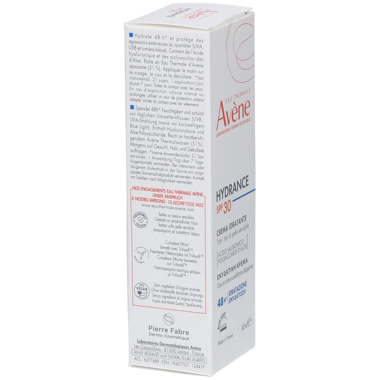 Weißer Karton, Rückseite mit Produktinformationen. Marke Avene, Hydrance SPF 30. Inhaltsstoffe, Anwendungshinweise.