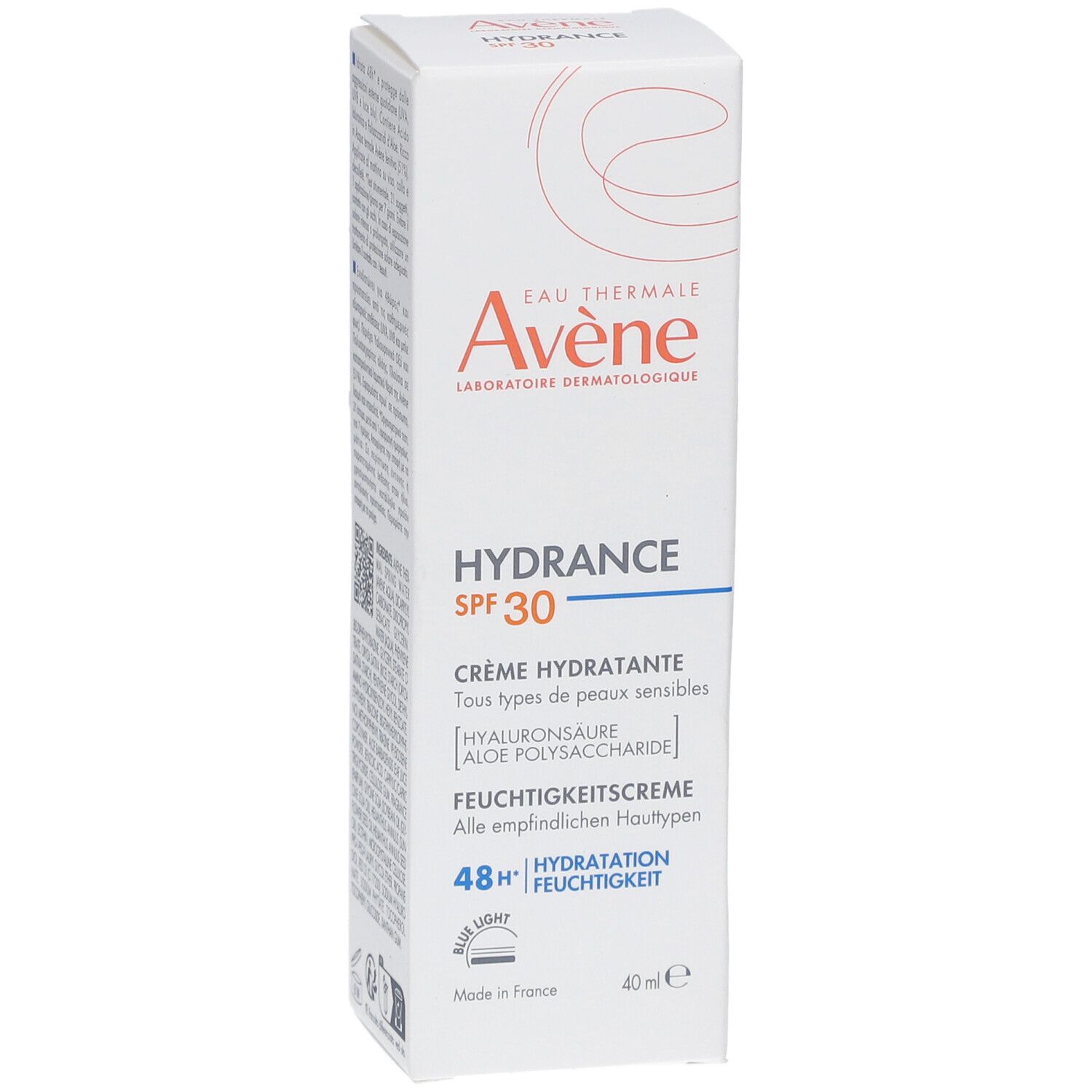 Weißer Karton mit Produktinformationen. Marke Avene, Hydrance SPF 30. Creme für empfindliche Haut. 48h Feuchtigkeit.