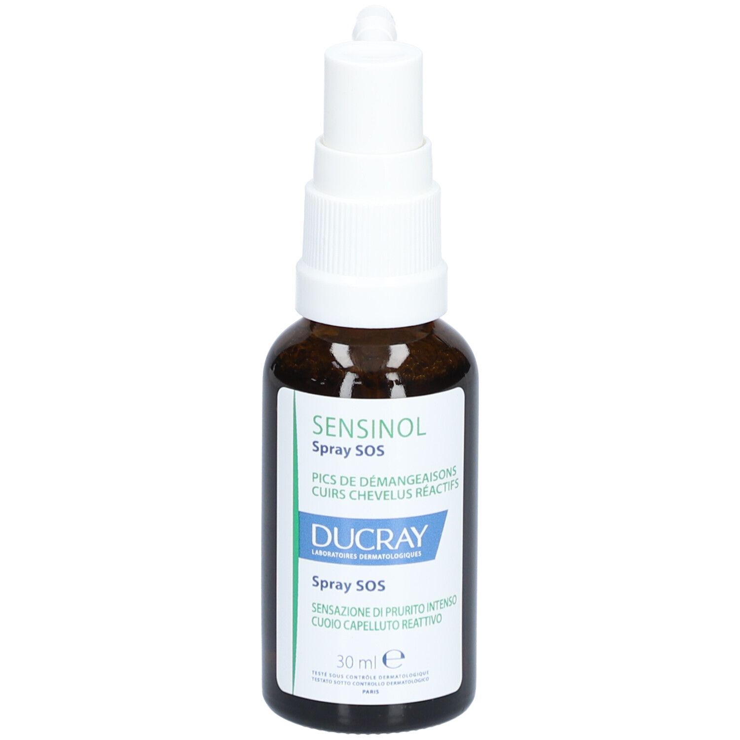 Flacon en verre brun avec vaporisateur blanc. Inscription : Sensinol Spray SOS, Ducray. 30 ml.