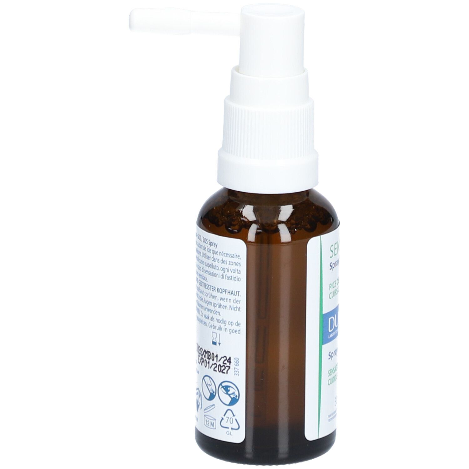 Flacon en verre brun avec vaporisateur blanc. Inscription : Sensinol Spray SOS, Ducray. Étiquette avec texte.