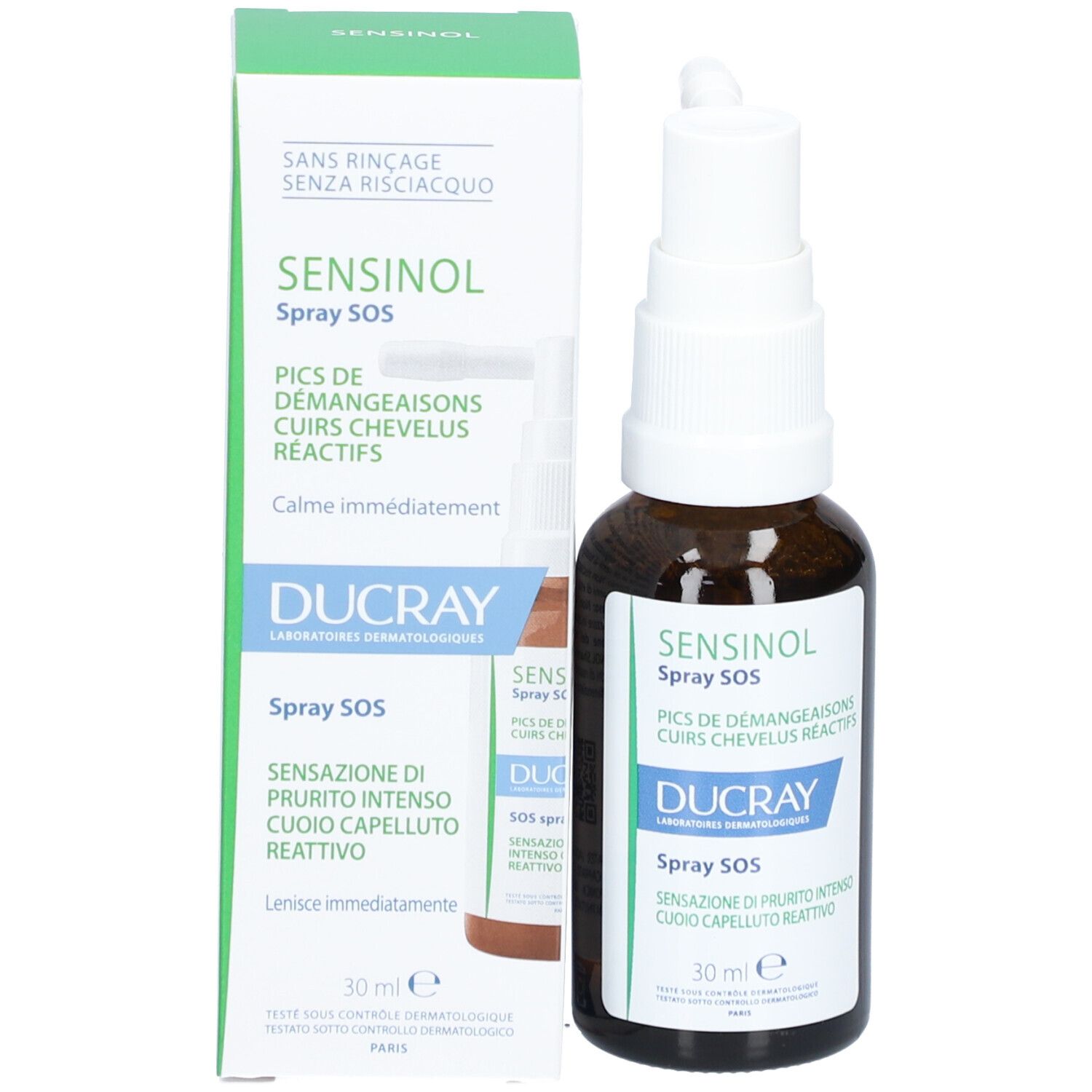 Flacon et emballage. Flacon : Sensinol Spray SOS, Ducray. Emballage : vert et blanc, image du produit.