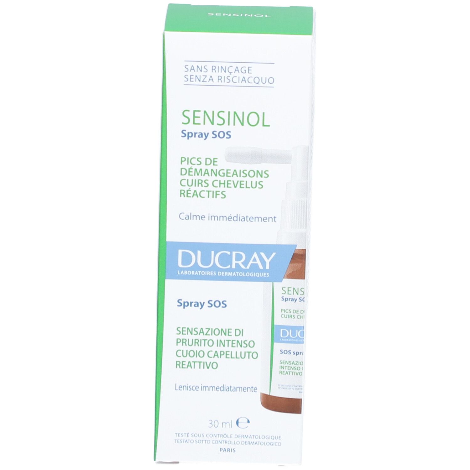 Emballage du produit. Boîte verte et blanche. Inscription : Sensinol Spray SOS, Ducray. Image du produit.