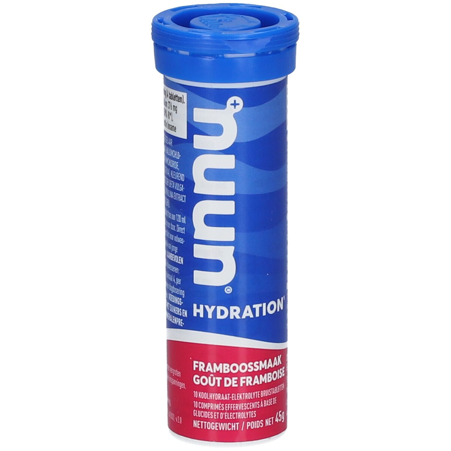 Tube bleue "nuun Hydration" goût framboise. Contient des comprimés effervescents. Poids net 45g.