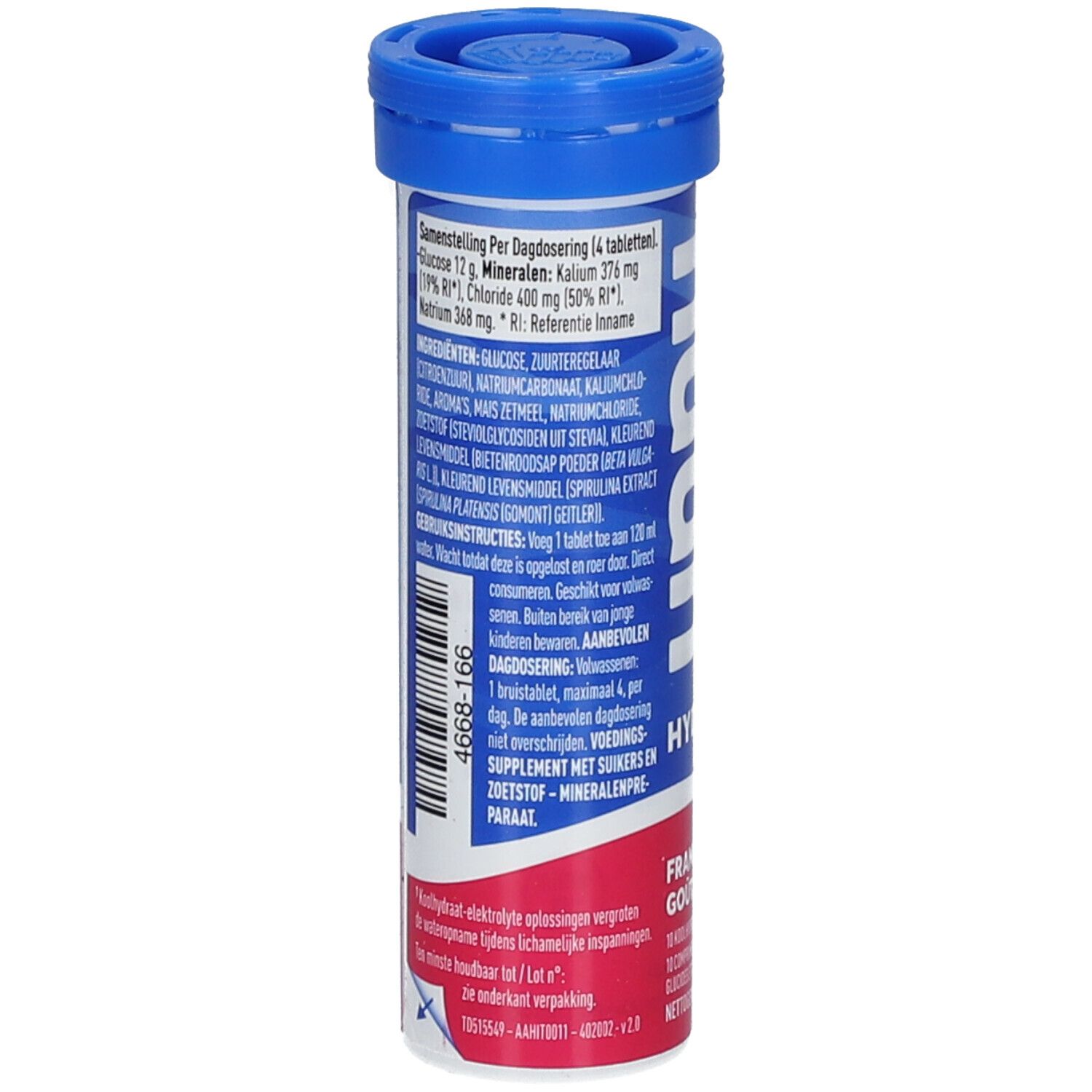 Dos de la tube bleu avec ingrédients et dosage. Contient électrolytes et édulcorant. 14 comprimés.