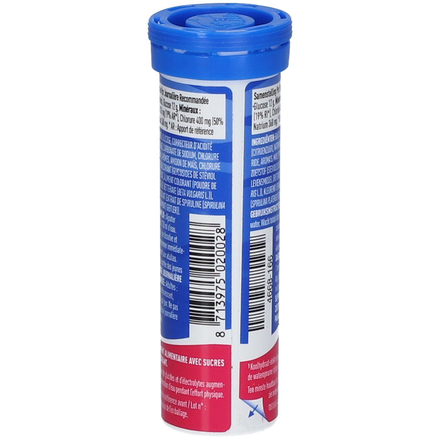 Dos de la tube bleu avec ingrédients et informations nutritionnelles. Contient électrolytes et édulcorant.