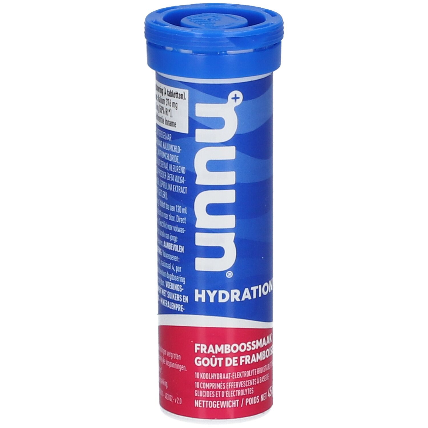 Tube bleu "nuun Hydration" goût framboise. Contient des comprimés effervescents. Poids net 45g.