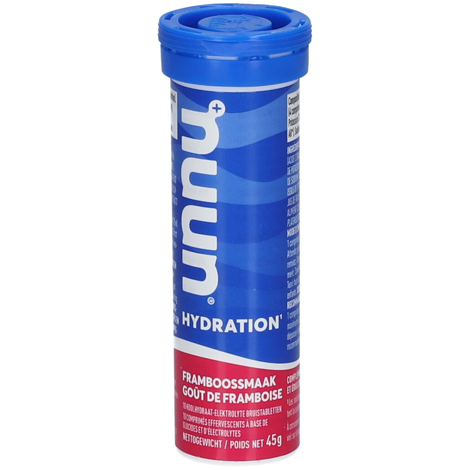 Tube bleu "nuun Hydration" goût framboise. Contient des comprimés effervescents. Poids net 45g.