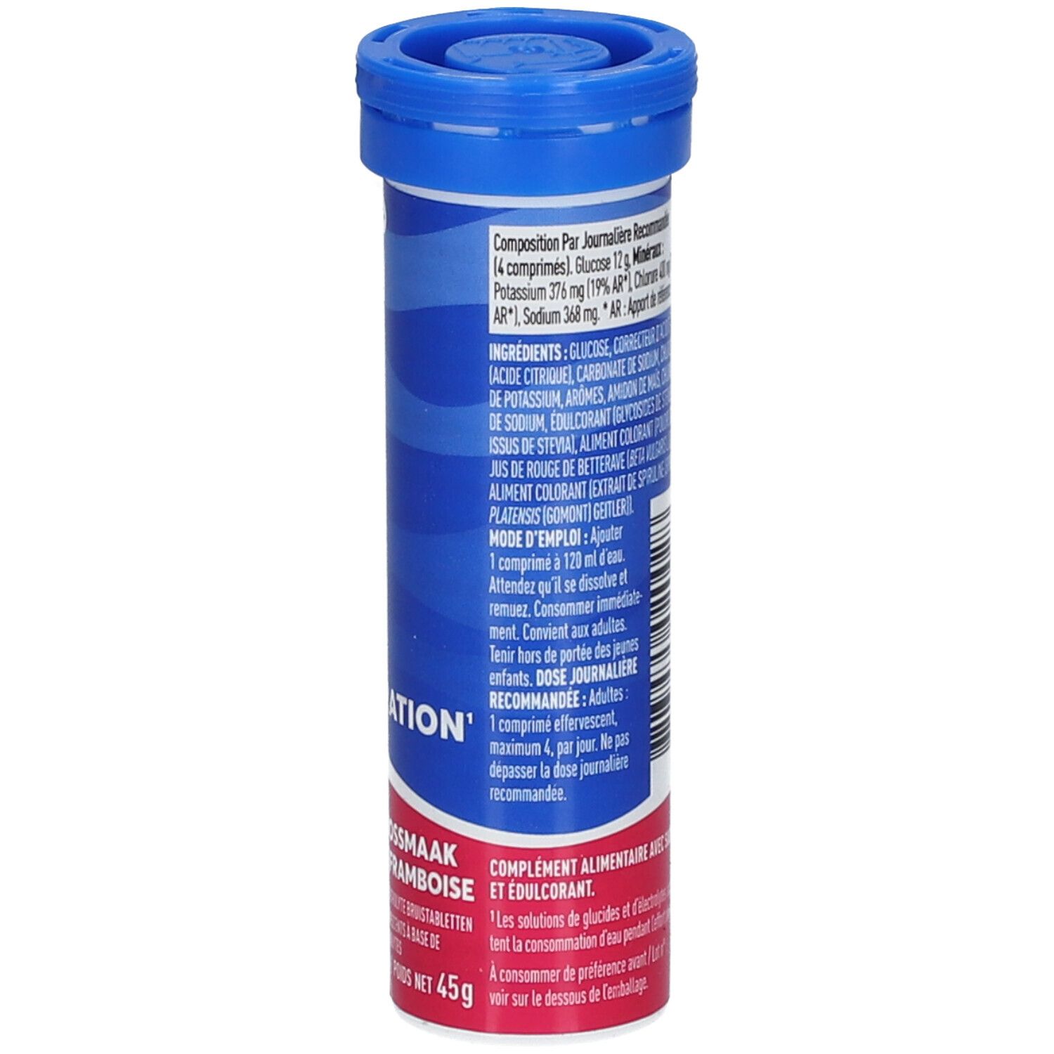 Dos de la tube bleu avec ingrédients et instructions d'utilisation. Contient électrolytes et édulcorant.