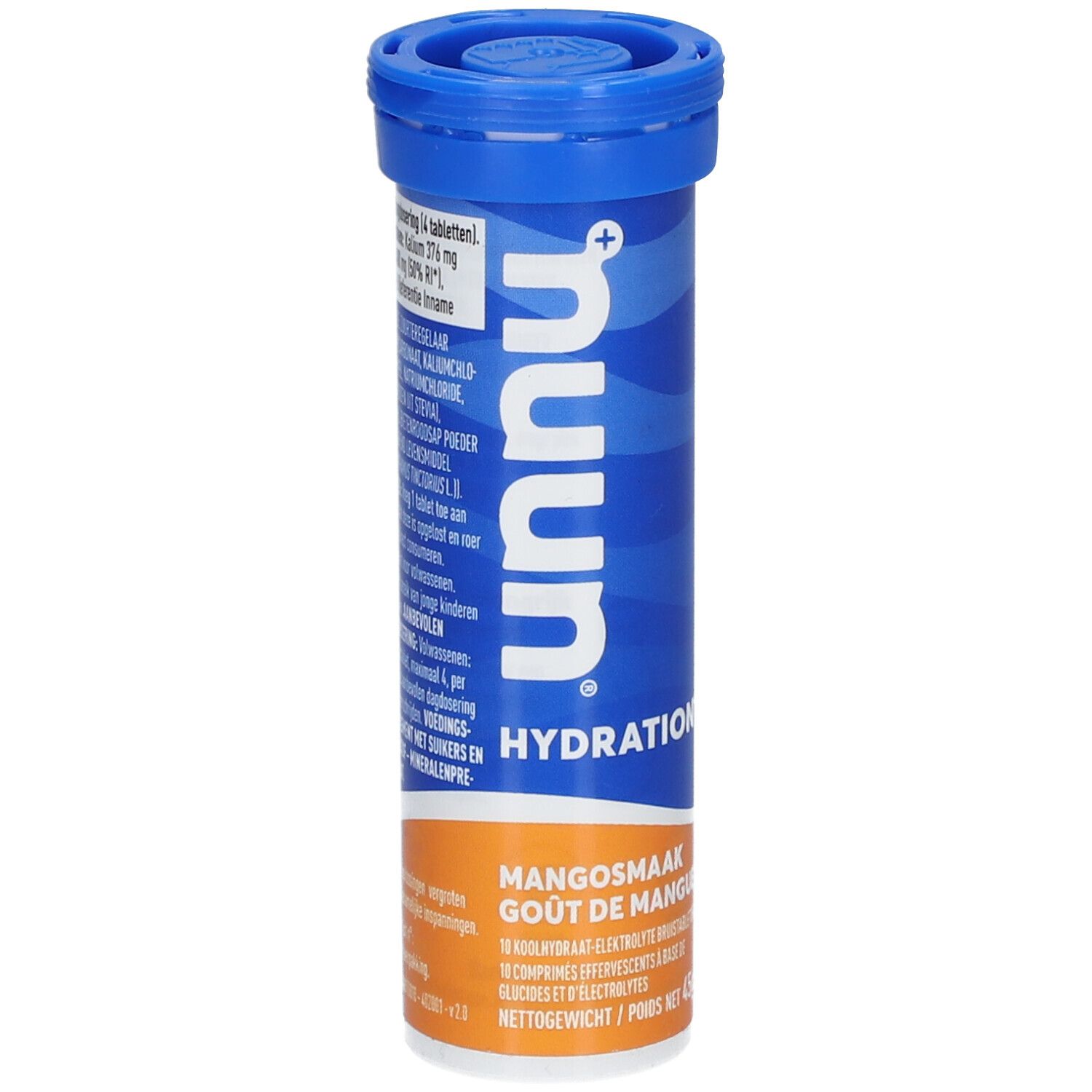 Blaue Tube mit Nuun Hydration Mango. Text: Mangosmaak, Gout de Mangue. 10 Brausetabletten.
