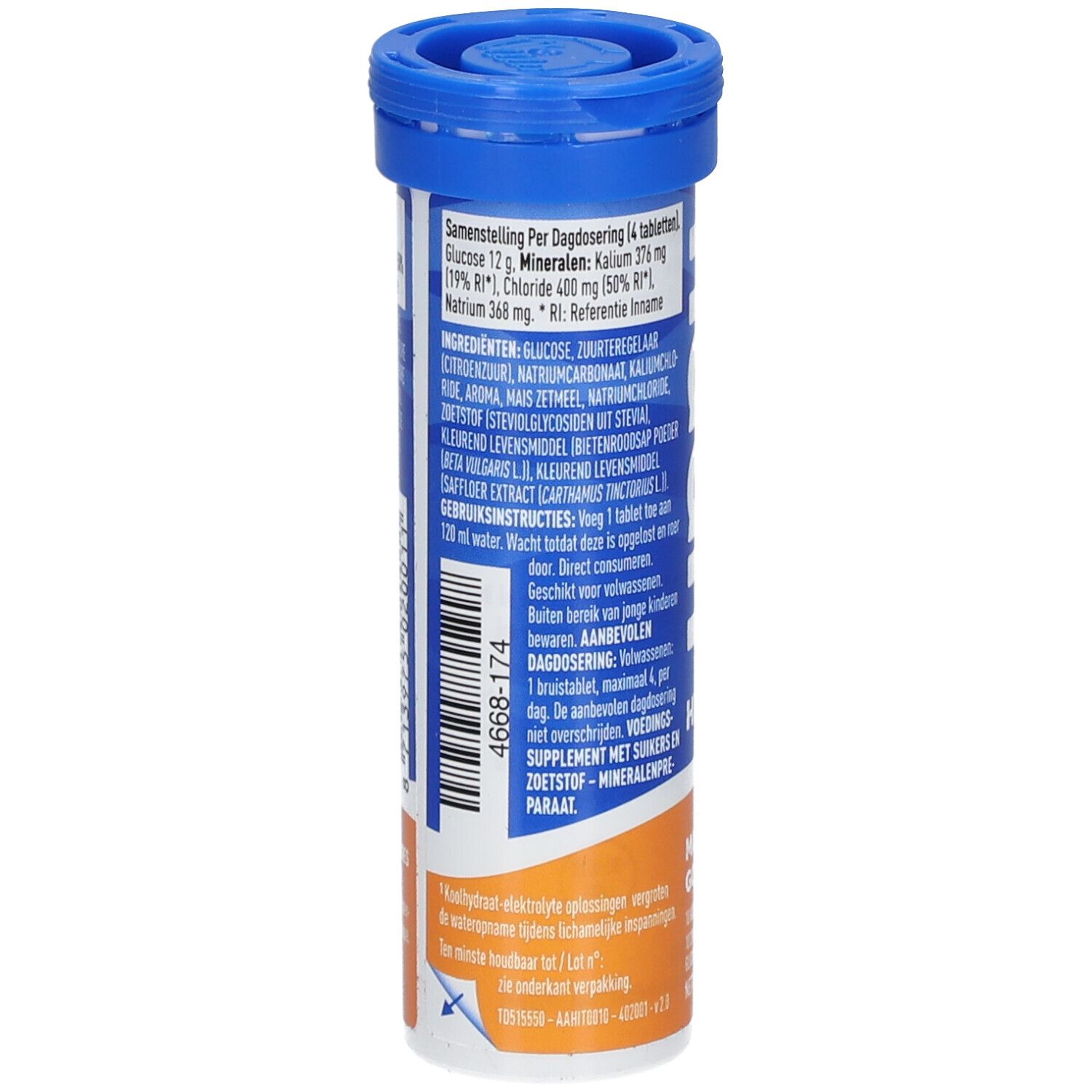 Rückseite der blauen Tube Nuun Hydration Mango. Text: Inhaltsstoffe, Gebrauchsanweisung, Nährwertangaben.