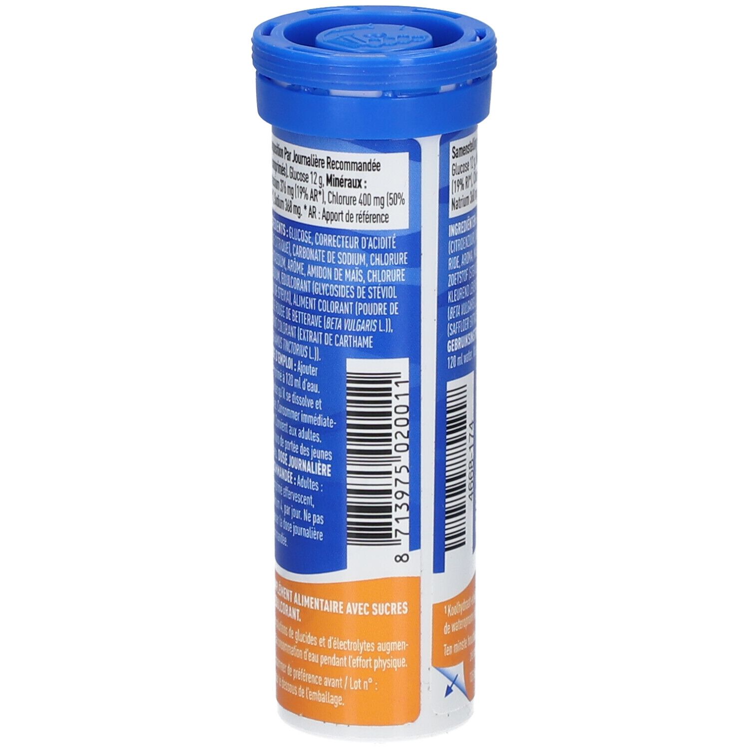 Rückseite der blauen Tube Nuun Hydration Mango. Text: Nährwertangaben, Barcode, Herstellerinformationen.